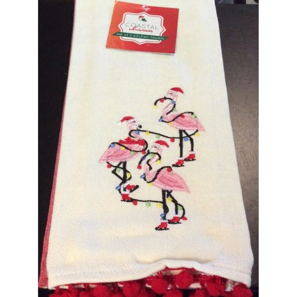 Costal Christmas Set Of 2 Kitchen Towels Pink Flamingo Skating Holiday NEW‎